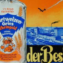 Altes Werbeplakat für Hartweizengrieß mit Abbildung der Kauffmannmühle