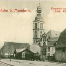 erster Bahnhof Seckenheim vor der katholischen Kirche, Foto um 1900 Marchivum