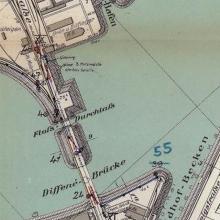 Plan mit Diffenébrücke, Insel, Floß-Durchlass und Landzunge mit der Denkmalanlage 1913 (Ausschnitt), Marchivum