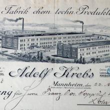 1908: Rechnungskopf von Adolf Krebs mit zwei Produktionshallen. Diese Gebäude stehen heute nicht mehr.